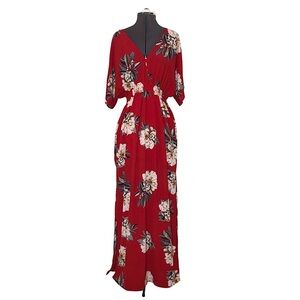 Umgee USA Red White Foral Smoke kimono Side Slits Flattering Maxi Dress M